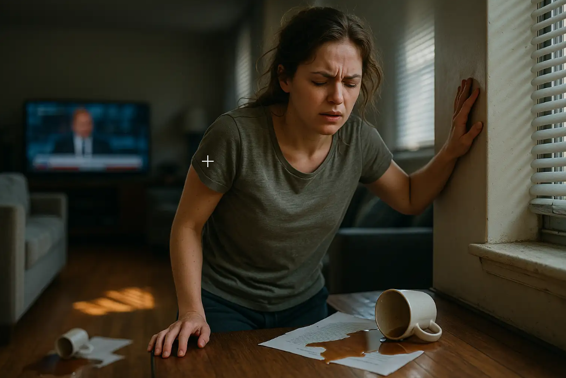 Woman looking distressed while leaning on a wall, with a spilled coffee cup and scattered papers on a table, illustrating the challenges of managing dizziness and balance issues.