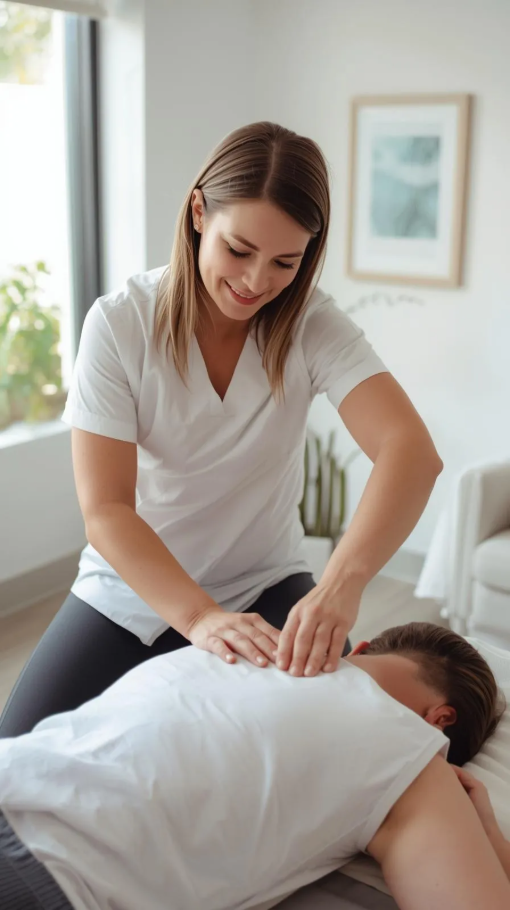 A sunlit, modern neurofeedback clinic in Wake Forest featuring ergonomic chairs with advanced headsets, a clinician warmly greeting a client with brainwave data on a tablet, polished wood floors, fresh greenery, and subtle details, creating a tranquil, welcoming atmosphere for personalized wellness services.